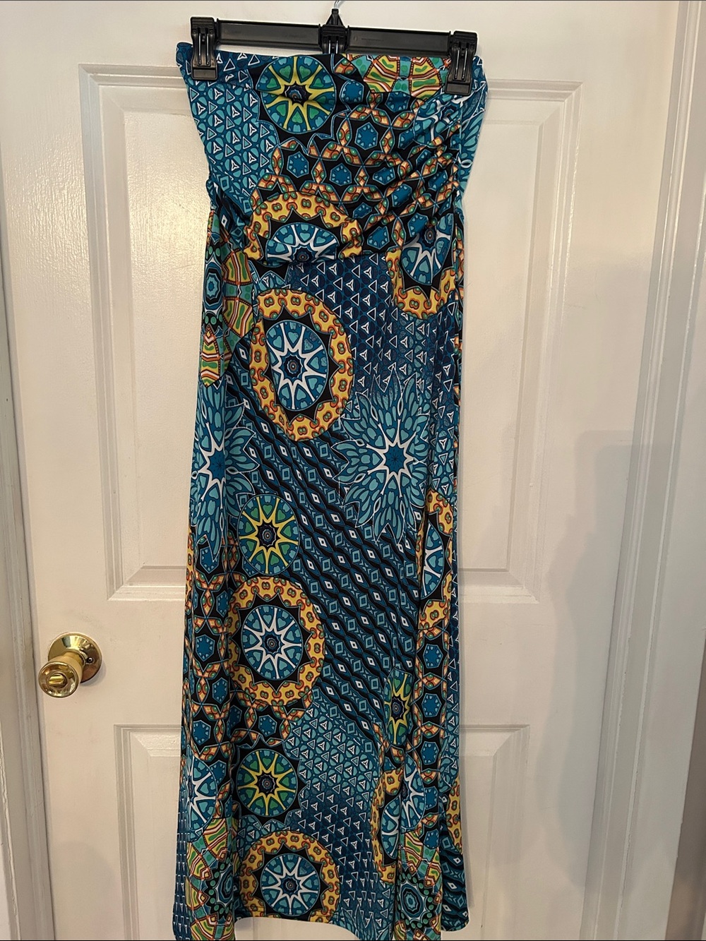 Blue Patterned Strapless Maxi Dress